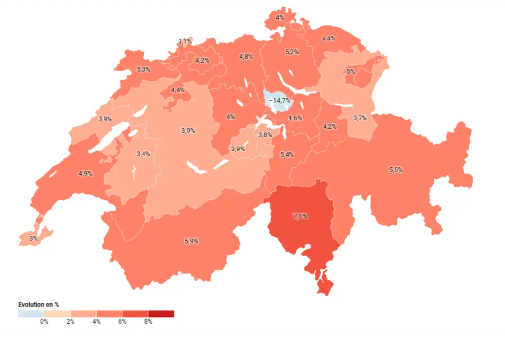 carte suisse de la hausse de la prime lamal 2026 par canton