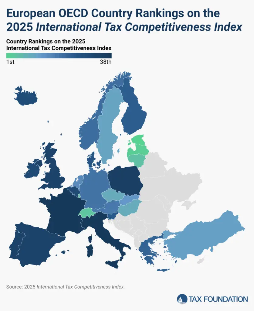 Carte de l'Europe présentant les pays avec le moins d'impot et taxe pour les entreprise, particulier ou sur les biens immobilier 